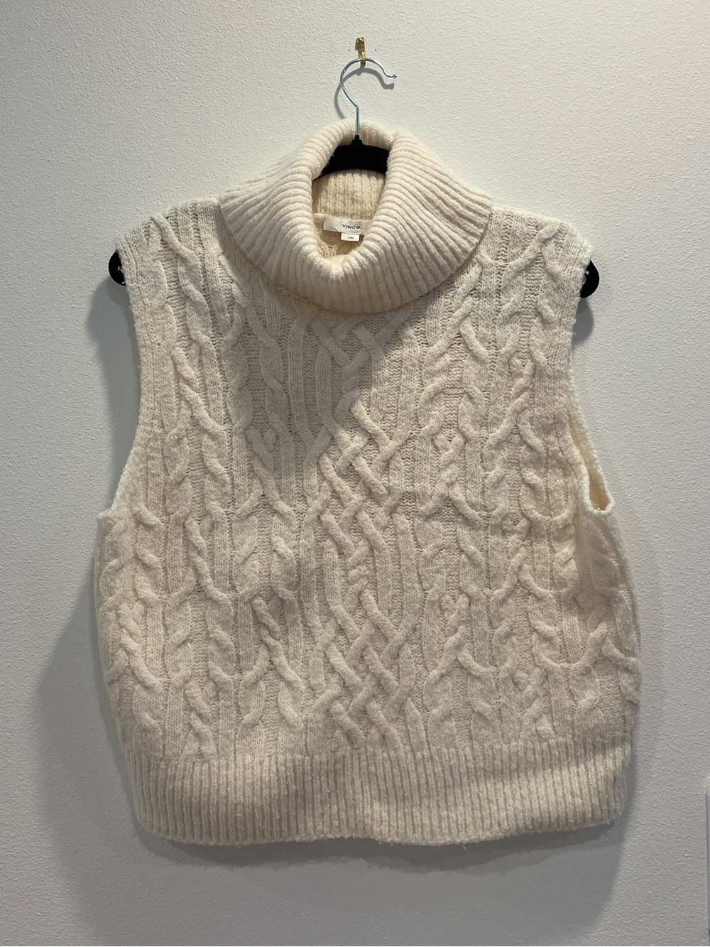 Vince Cream Wool Cable Knit Sleeveless Turtleneck Sweater Vest